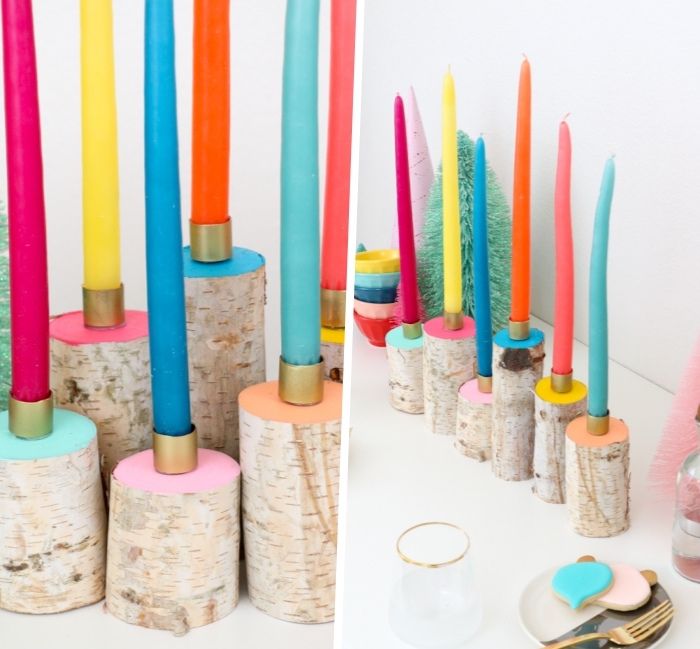 preciosas ideas de decoración de mesas con materiales reciclados, palitos de madera velas coloridas 