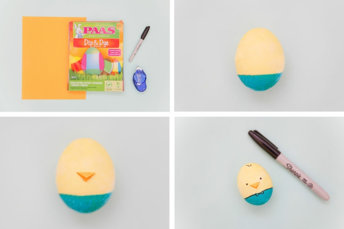 ideas de manualidades huevos de pascua, decoracion original huevo de Pascua, dibujo de pollo con marcador negro 