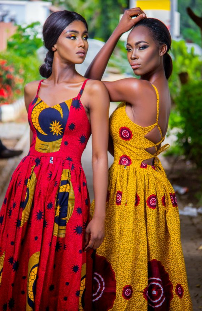 dos vestidos super bonitos a la moda africana, colores llamativos e intensos, vestidos largos etnicos 