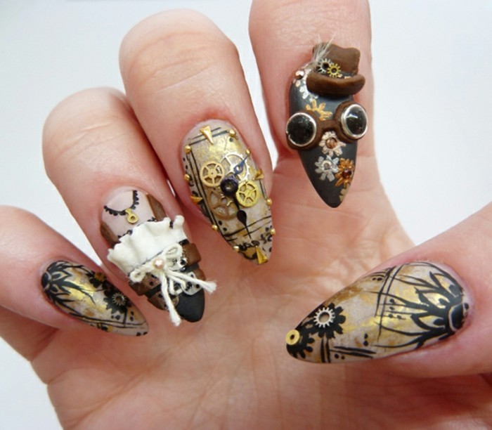 espectaculares ejemplos de uñas en gel decoradas con piedras, uñas de forma almendrada con decoración original 