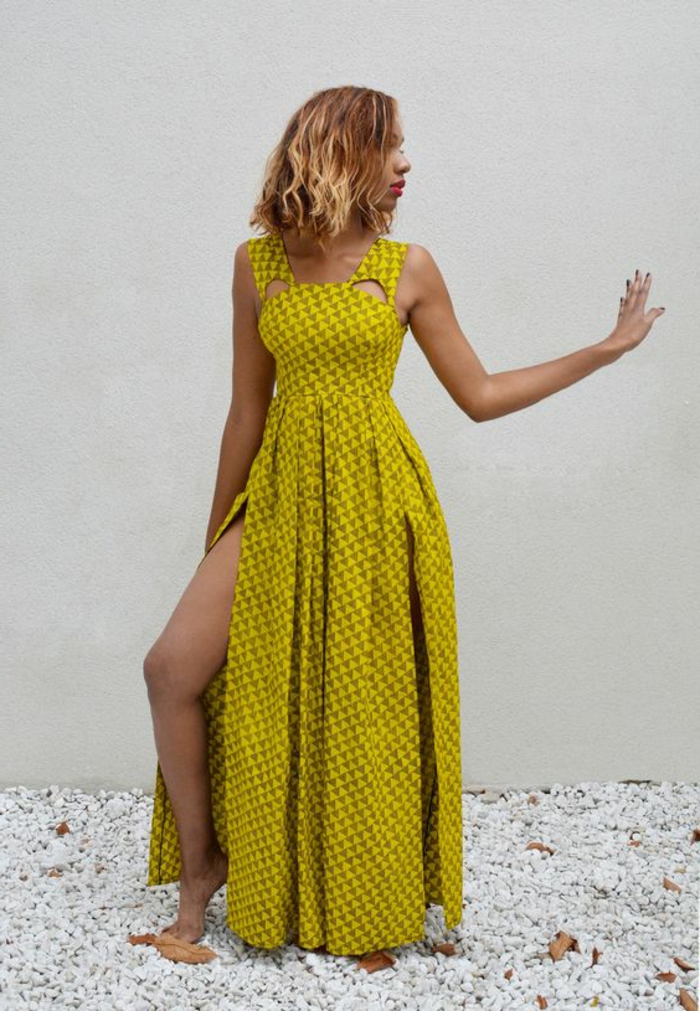 vestido en amarillo super bonito con larga hendidura, ropa africana moderna en colores llamativos 