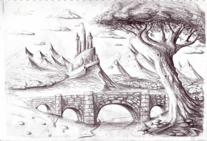 precioso paisaje con un castillo medieval, dibujo artistico original, aprender a dibujar con lapices paso a paso 