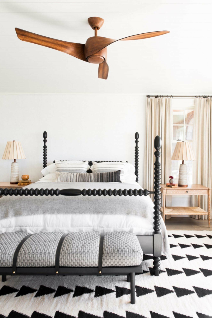 ideas de muebles dormitorio de diseño original, habitación decorada en blanco y negro y detalles geométricos 