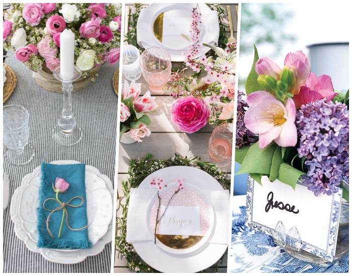 tres ideas sobre cómo decorar la mesa en primavera, decoración con flores y velas, centros de mesa DIY 