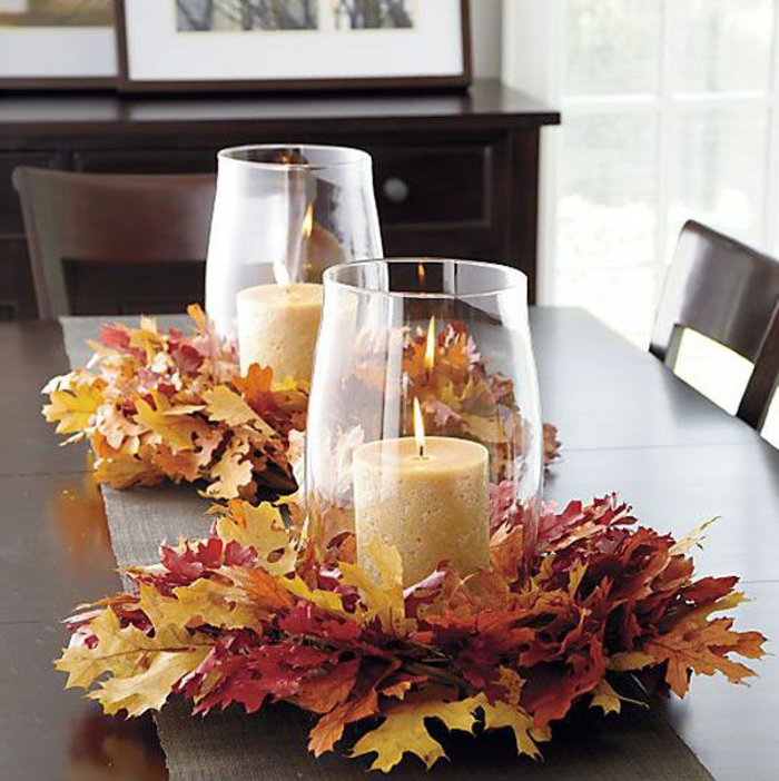 centro de mesa para el otoño, decoración con hojas caídas, originales ideas de decoración de espacios 
