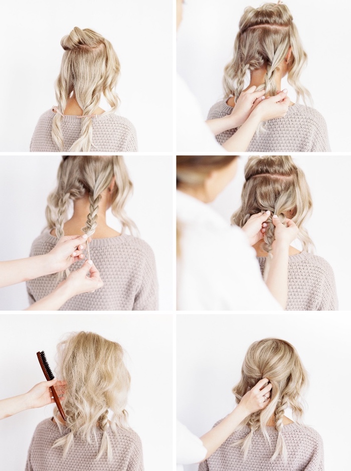 collage de fotos con peinados con trenzas paso a paso, cabello largo trenzado recogido en moño 