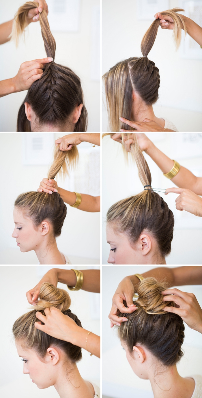 tutoriales para hacer peinados de fiestas fáciles y originales, cabello trenzado recogido con bollo 