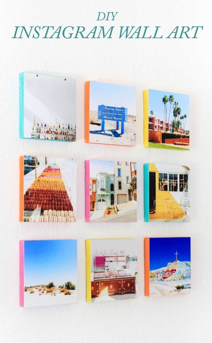 galería de imagines, muro de cuadros con fotografías en el formato de Instagram, originales propuestas decoracion de pared 