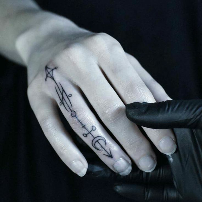 tatuaje geométrico en el dedo super original, tatuaje palmera y dedos, tattoo geometricos mujer 