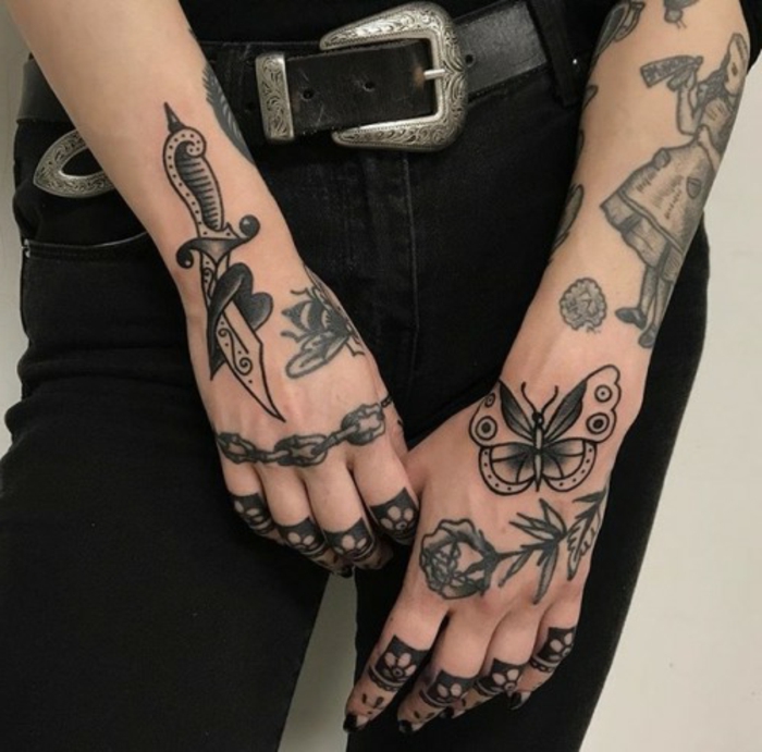 diseños de tatuajes en las manos y el antebrazo, tatuajes simbólicos en estilo old school 