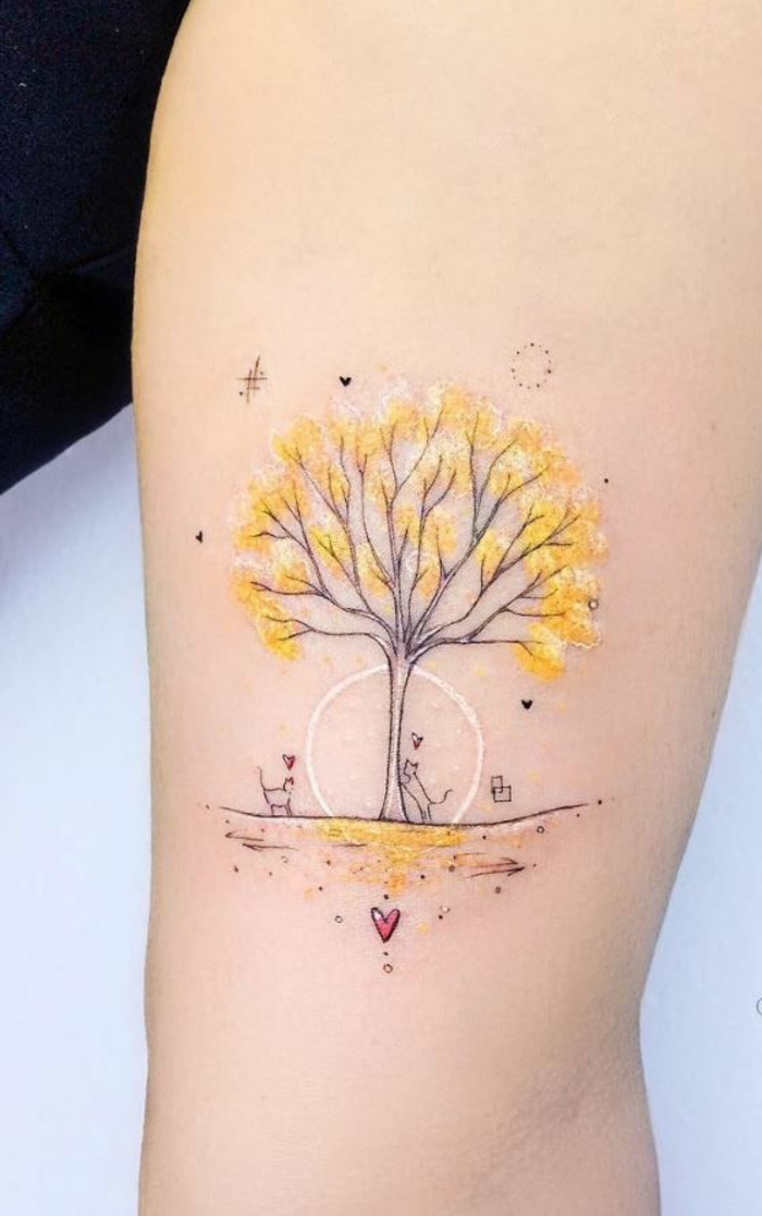 diseños de tatuajes color acuarela, tatuaje con fuerte significado, tattoo árbol en color amarillo 