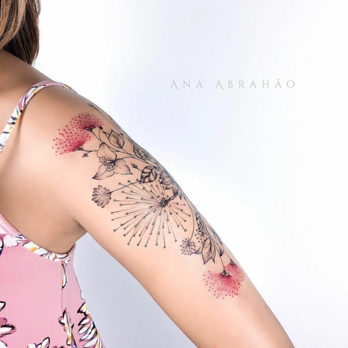 diseños únicos de tatuajes de flores, tatuaje brazo color rojo, ideas de tatuajes originales 