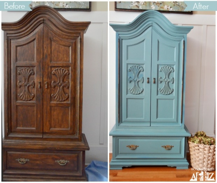 ideas sobre como pintar armario antes y después, armario de madera ornamentado color azul