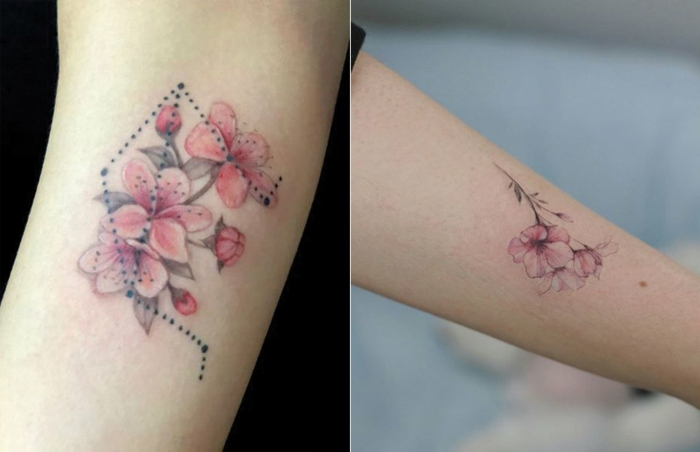 propuestas de tatuajes con flores en acuarela, diseños minimalistas con flores en color rosado 