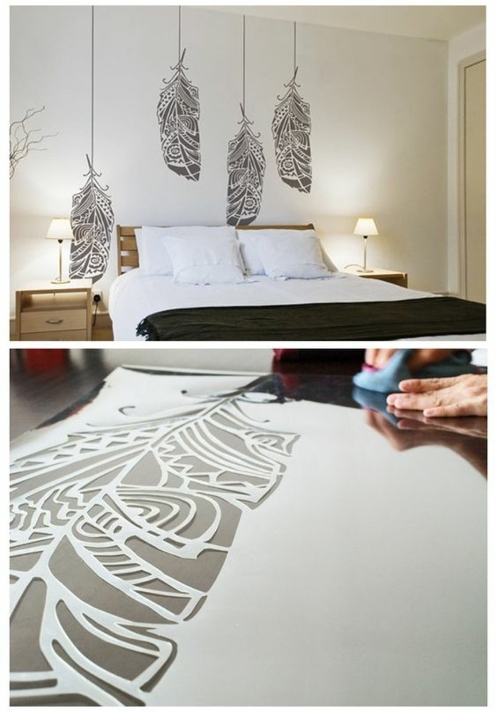ejemplos de decoracion pared dormitorio, ideas únicas con vinillos de pared, dormitorio moderno 