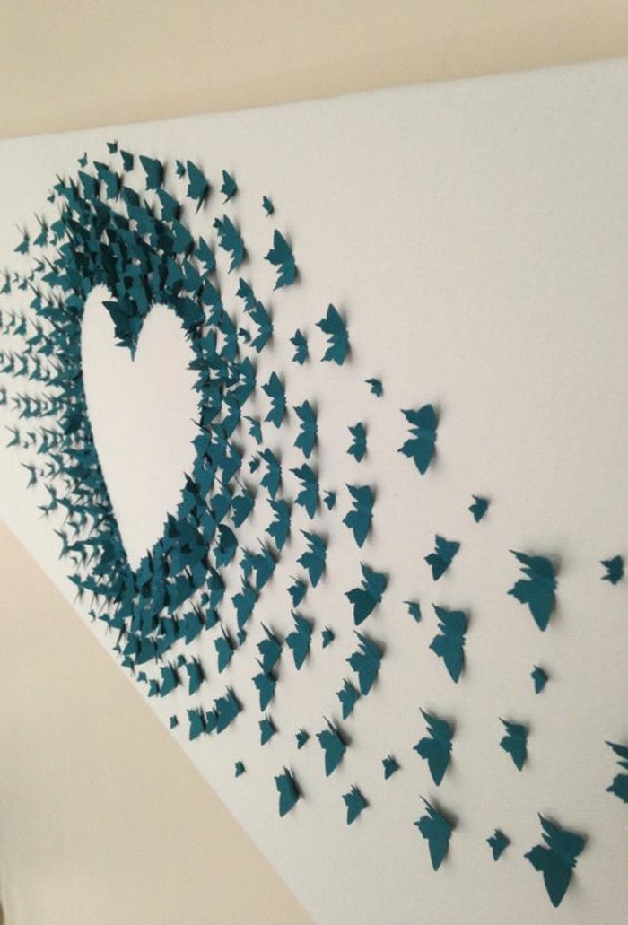 preciosas propuestas para adornar la pared, mariposas de papel en color azul, panel decorativo pared original 