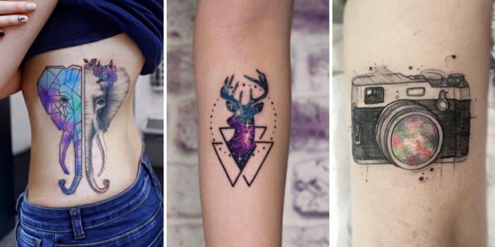 tres tipos de tatuajes en acuarela, tipos de tatuajes para hombres y mujeres, diseños de tatuajes originales 