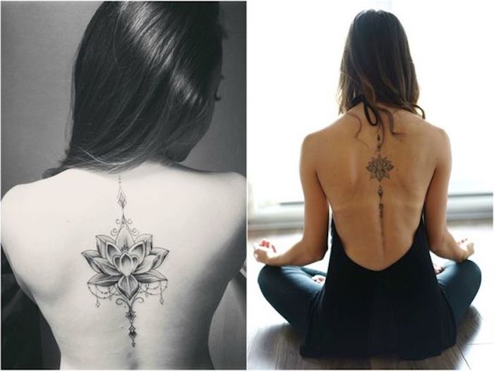 tatuajes con flor de loto, ideas de diseños de tattoos en la espina dorsal, tatuajes con significado bonitos para hombres y mujeres 