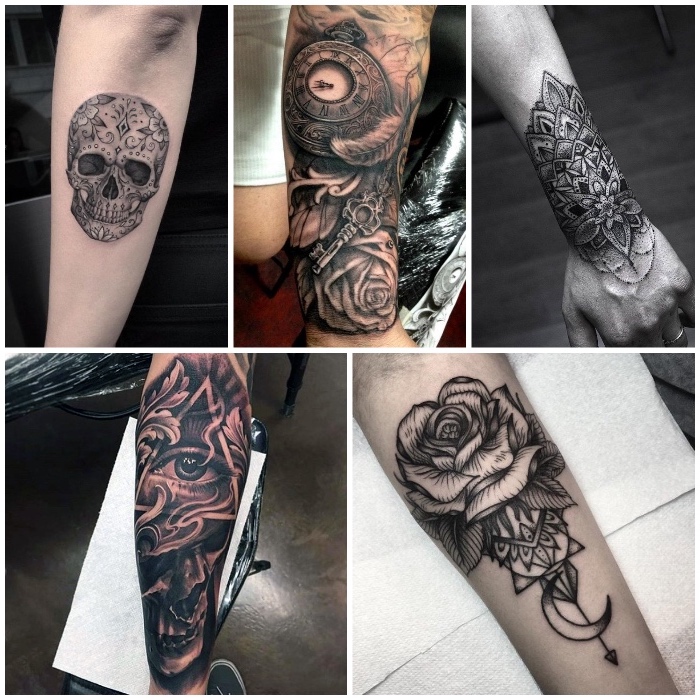 cinco atractivos diseños de tatuajes en el antebrazo, tatuaje antebrazo con elementos simbolicos, calaveras, motivos florales 