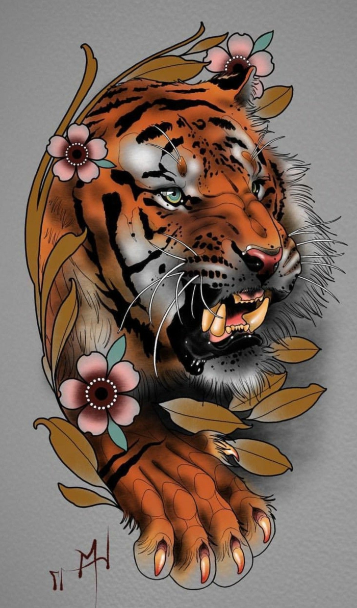 ideas originales de diseños de tatuajes de japon, maravillosas ideas de tattoos coloridos con motivos japoneses, tatuaje tigre flores