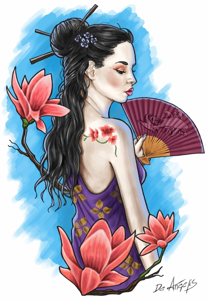 diseños unicos de tatuajes de geishas, tatuajes inspirados en la cultura japonesa, tatuaje mujer con abanico, diseños de tattoos unicos