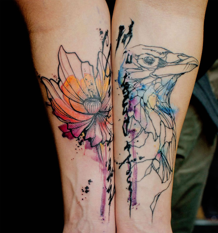 dos tatuajes abstractos en el antebrazo, tatuajes antebrazo en acuarela, los mejores diseños de tattoos, diseños de tatuajes acuarela