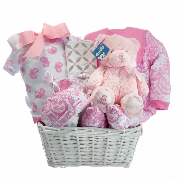  regalos utiles para bebes y super originales, regalo bebé niña cesta de bonitos regalos en rosado y blanco, regalos temáticos bebé niña
