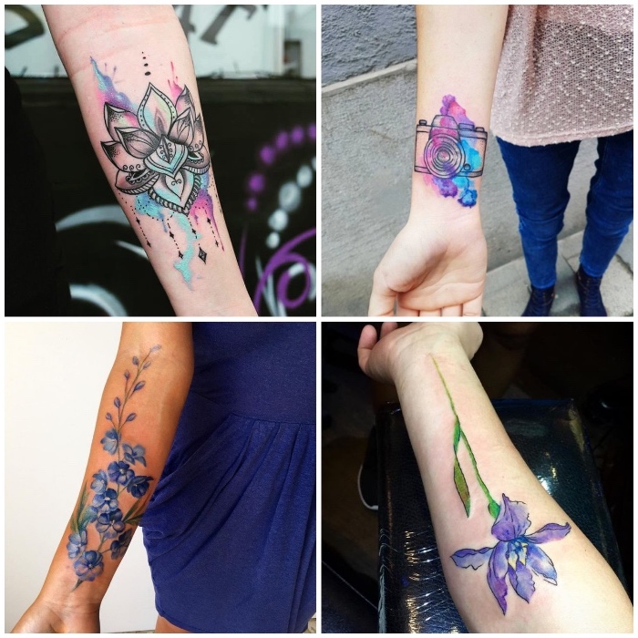 cuatro diseños de tatuajes en el antebrazo, diseños de tattoos en acuarela mujer originales, diseños en colores azul y lila