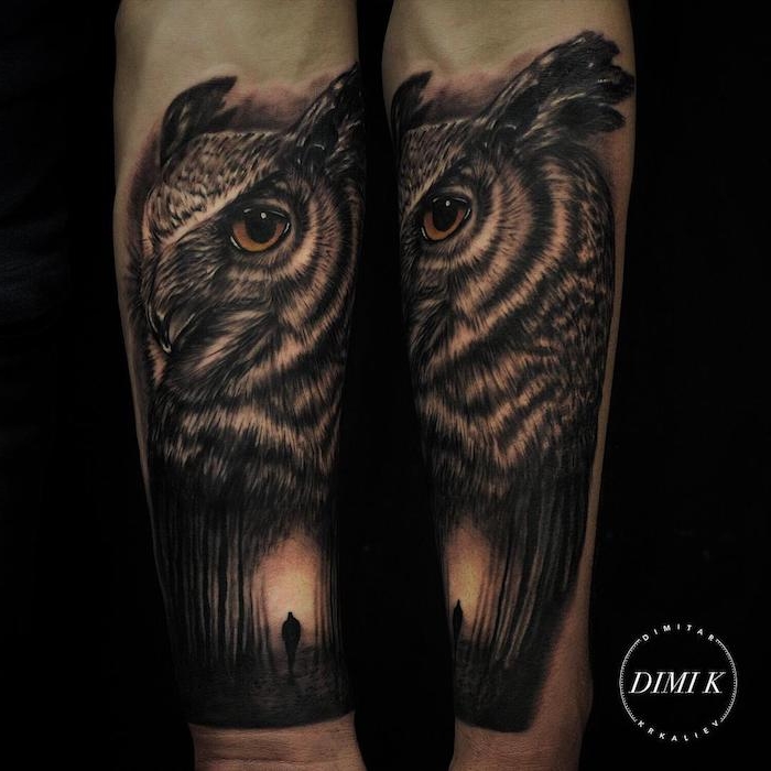 tatuajes hipperrealistas con búhos, diseños de tatuajes de animales con fuerte significado, tattoos simbolicos tinta negra