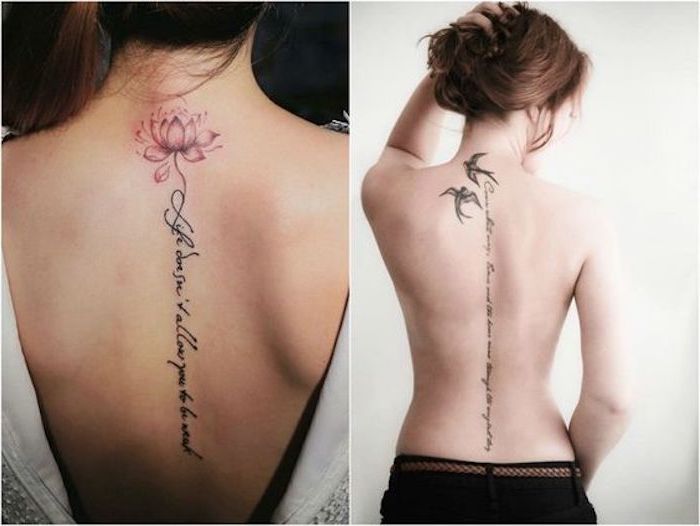 ideas de tatuajes en la columna vertebral, tattoos con motivos florales, tatuajes dibujos bonitos, tattoos flor de loto 