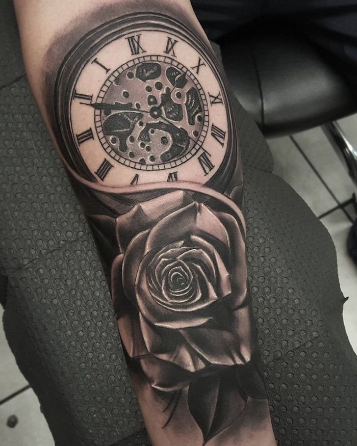 tatuaje rosa reloj, diseños de tatuajes simbólicos bonitos, tatuaje en el antebrazo con significado, 100 imagines de diseños únicos