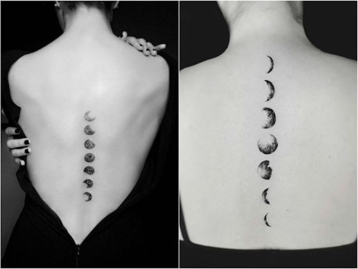 las mejores ideas de tatuajes simbólicos para mujeres, tatuaje con las fases de la luna, tattoo columna vertebral bonito