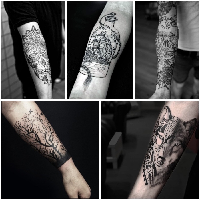 galería de imagines de tatuajes, cincno diseños de tatuajes para hombres, animales, calaveras, motivos florales 