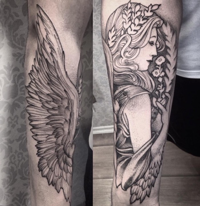 tatuajes inspirados en la mitologia, dos tatuajes en el antebrazo simbolicos, tatuajes antebrazo hombre, precioso tatuajes en los antebrazos