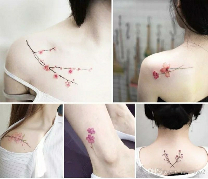 diferentes propuestas de diseños de tatuajes con árboles florecidos, tattoo flor de cereza mujer, diseños de tatuajes minimalistas