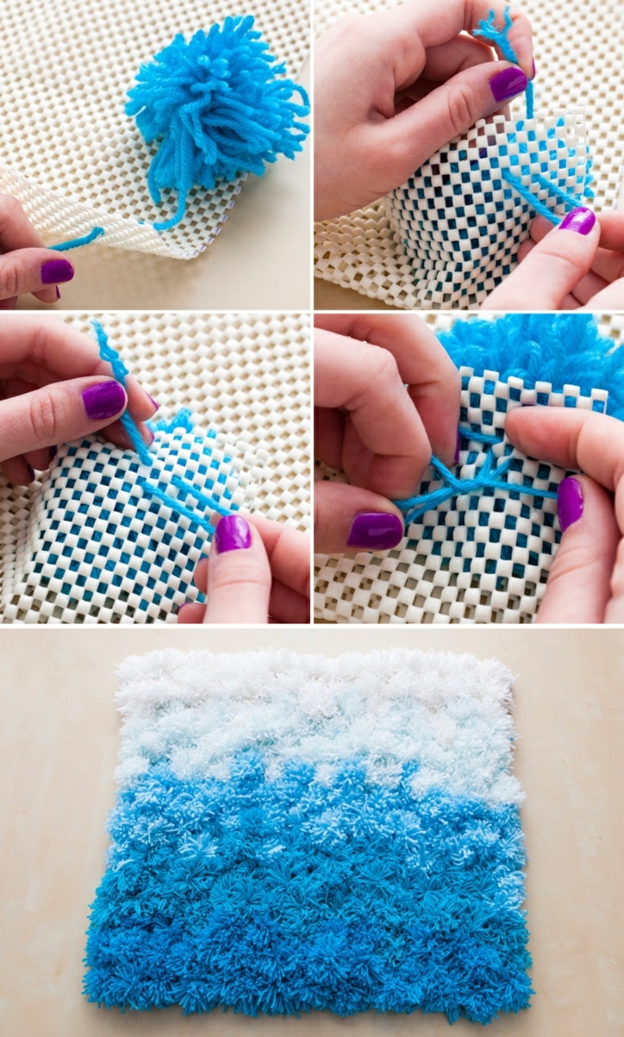 como hacer una alfombra DIY, alfombra de pompones DIY en color azul y blanco, hermosas ideas de decoración casera 