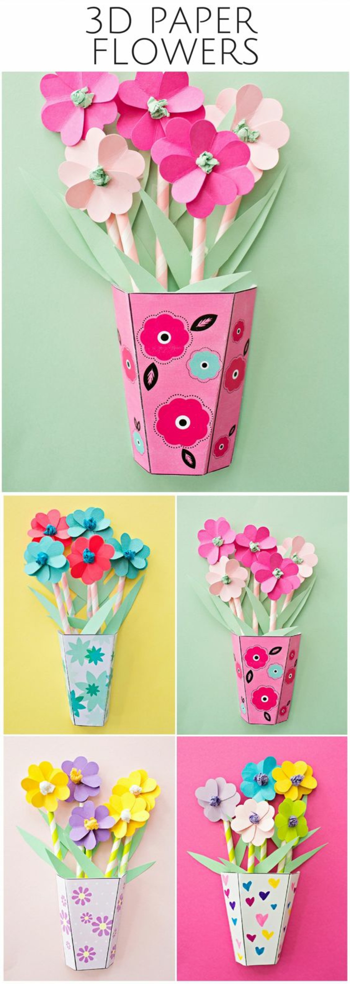 preciosas ideas de manualidades de cartulina para los más pequeños, cuadros decorativos con floreros de cartulina 3 D