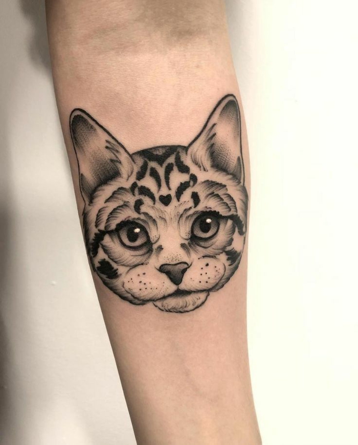tatuaje gato en el antebrazo, ideas de tattoos con mascotas, originales ideas de tatuaje familia, fotos de tatuajes originales 