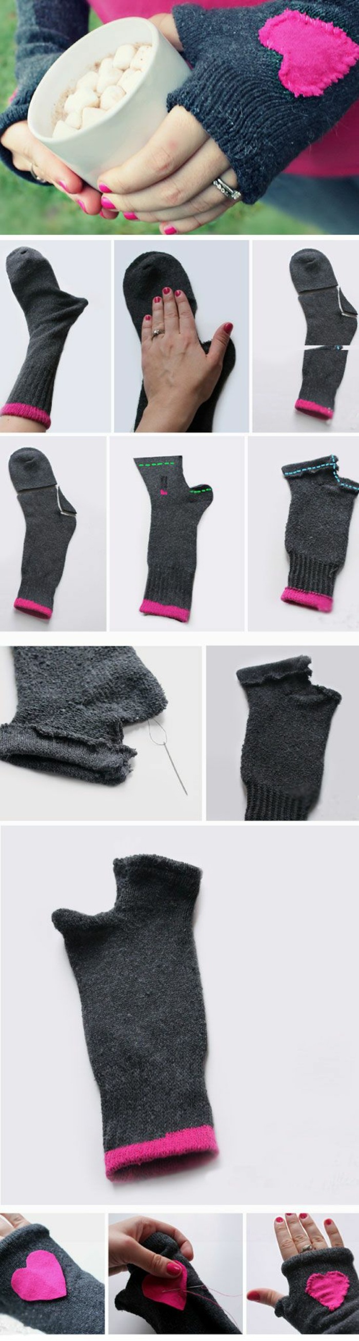ideas originales de manualidades para hacer con niños , guantes hechos de calcetines con decoración corazón, ideas de regalos para San Valentin 