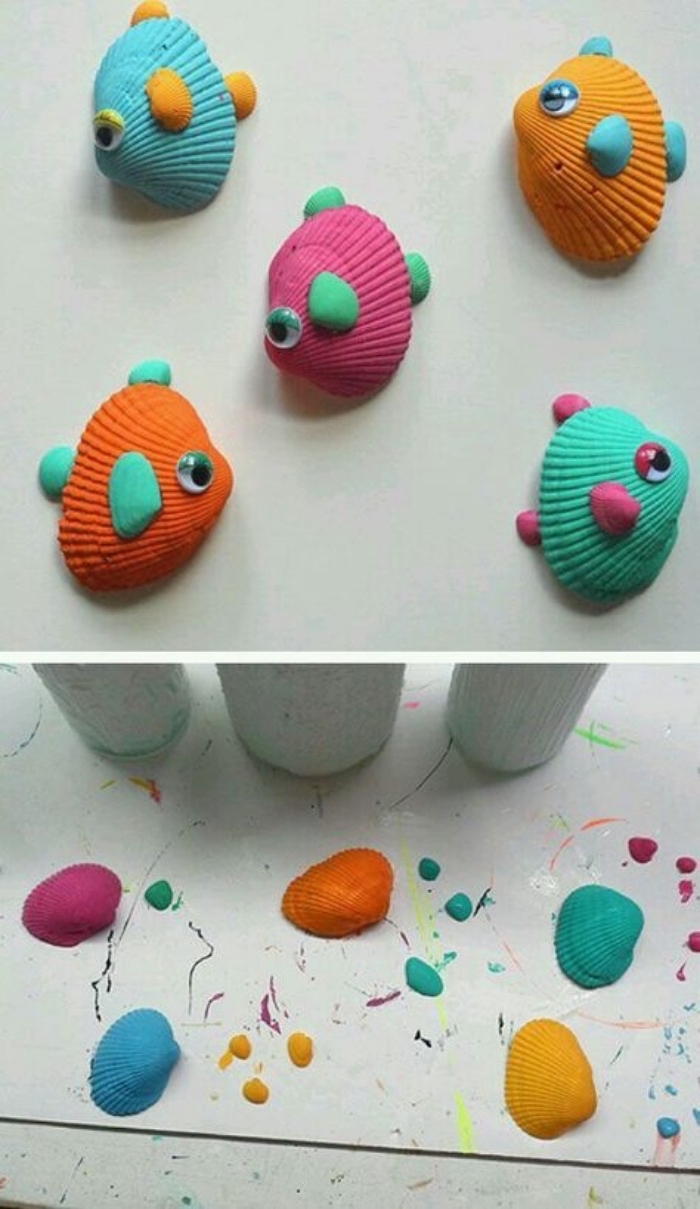 ideas sobre manualidades sencillas para niños pequeños, conchas pintadas en bonitos colores, manualidades para fomentar la creatividad en los niños 