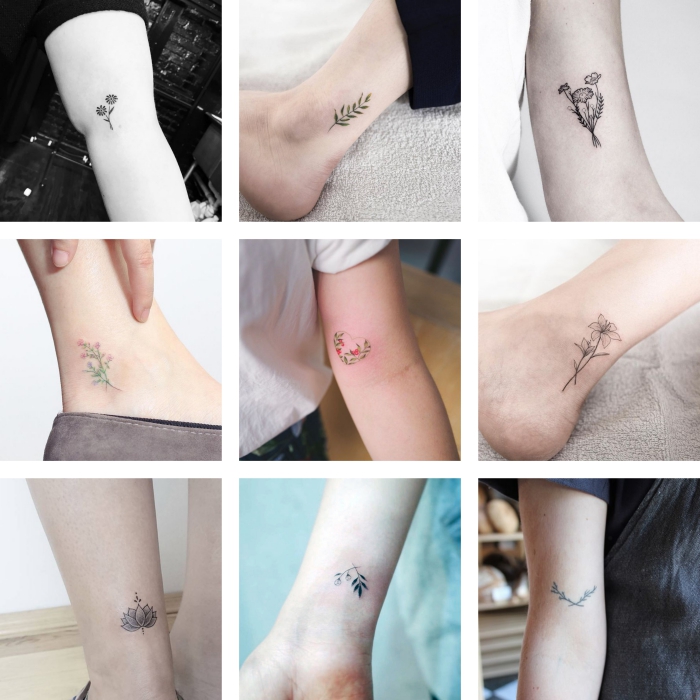 nueve diseños de tatuajes pequeños con flores, diseños de tattoos con motivos botánicos y flores, tatuajes pequeños y elegantes 