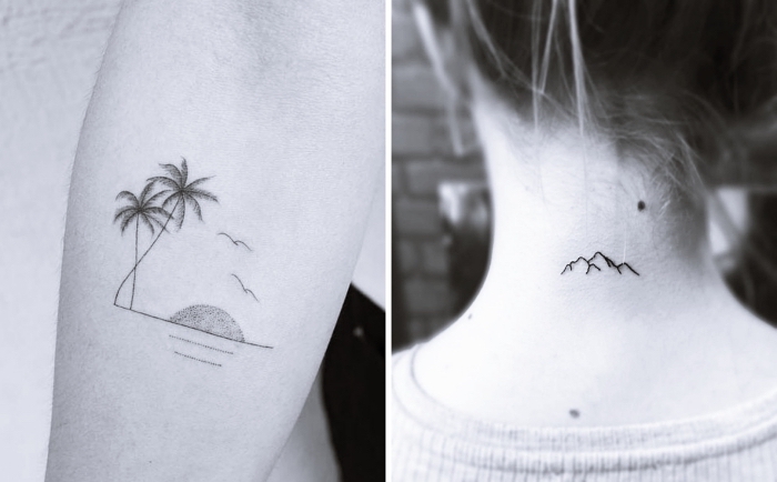 diseños-de-tatuajes-originales-para-personas-aventureras-tatuajes-viajeros-palmeras-con-sol-aves-tatuaje-montaña bonitos diseños de tatuajes de tamaño pequeño, tatuajes pequeños para mujer con fuerte significado, tattoos en la nuca