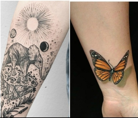 dos ejemplos de tatuajes originales de animales en el antebrazo, tatuaje elefante, tattoo mariposa en la muñeca