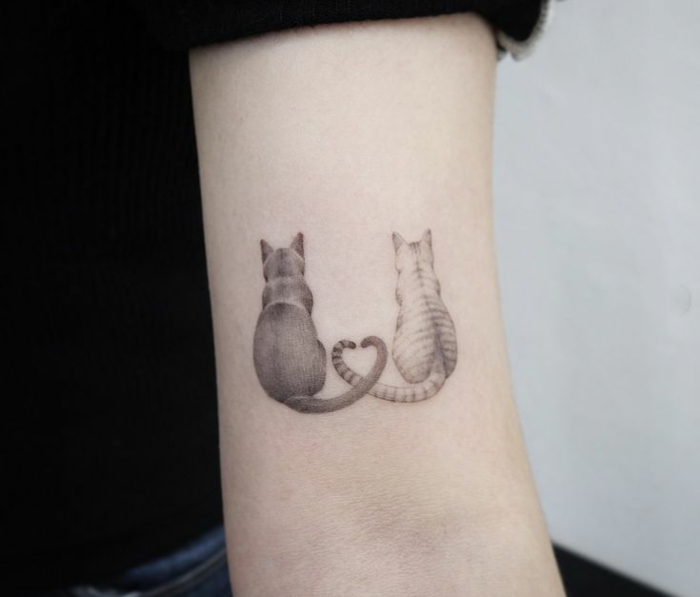amor entre dos gatos con colas entrelazadas, tatuaje en el brazo simbólico, ideas de tattoos con animales y tatuaje familia