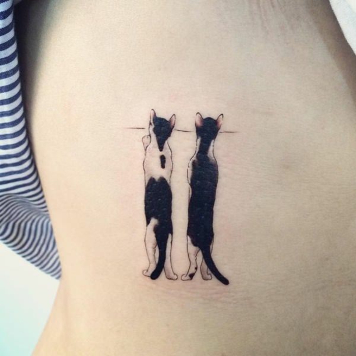 dos gatos tatuados en las costillas, ideas de tattoos de animales y tatuajes familia, diseños de tatuajes pequeños en el cuerpo 