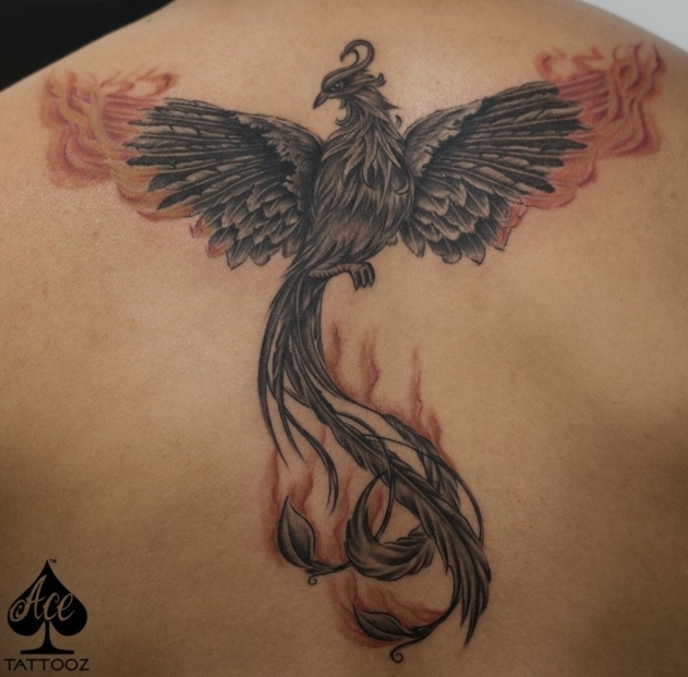 precioso tatuaje fenix en la espalda, diseños de tatuajes grandes en la espalda con animales, tattoos de aves y animales originales 