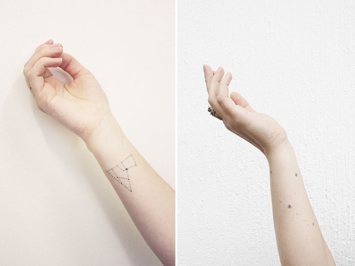 fotos-tatuajes-minimalistas-con-estrellas-tinta-ligera-tatuajes-delicados-y-ligeros-diseños-de-tattoos-mujer diseños de tatuajes con pequeños detalles, tatuajes con constelaciones estelares, tatuajes pequeños en el antebrazo