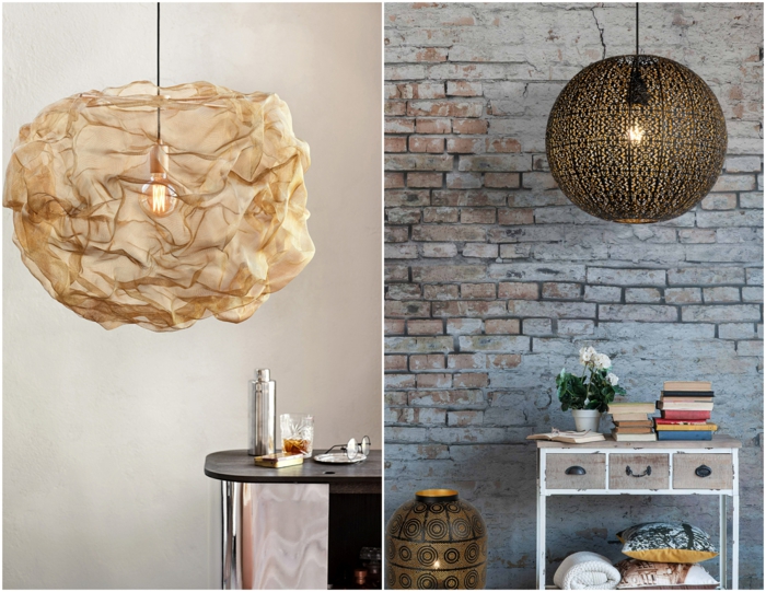 ideas de lámparas de techo salón de diseño, dos ejemplos de lámparas de forma original, tendencias iluminación 2019 