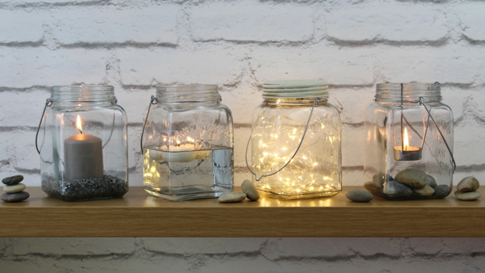 decoración casera con frascos de vidrio con velas y bombillas de luz, manualidades faciles y rapidas en fotos con tutoriales 