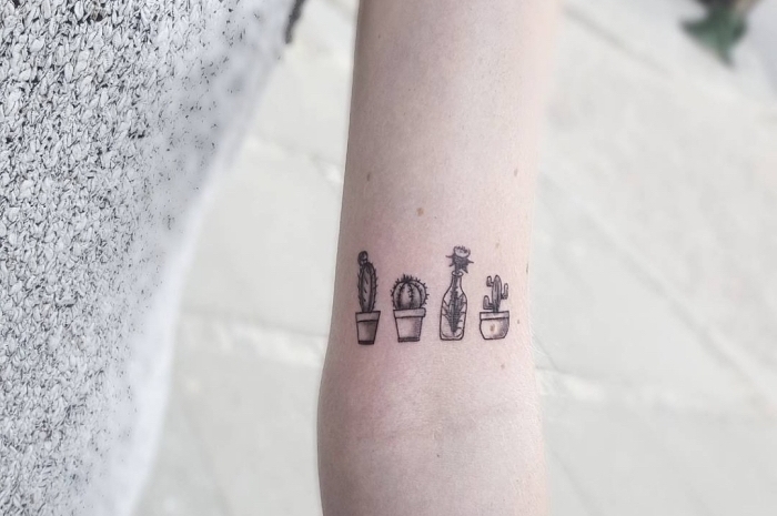 tatuaje de tres pequeñas macetas con suculentes, tatuajes de mujer tatuajes elegantes, tattoos original y especial 